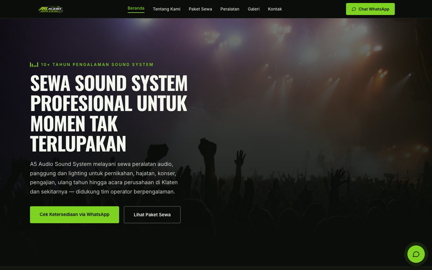 A5 Audio Sound System website preview, sound system rental in Klaten