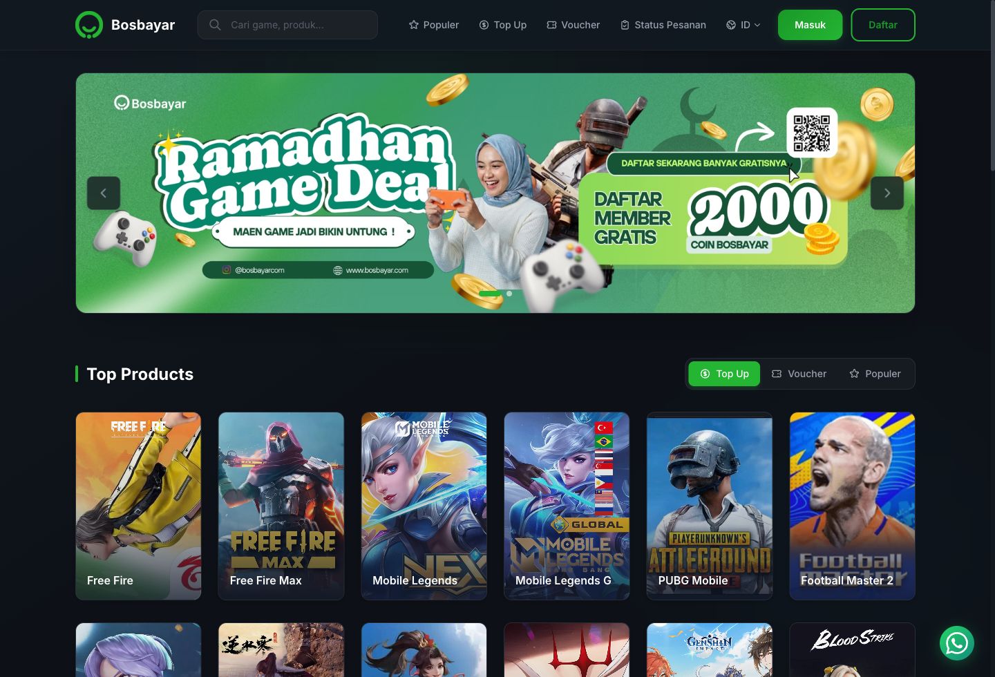 Bosbayar homepage preview with game top-up catalogue and instant checkout