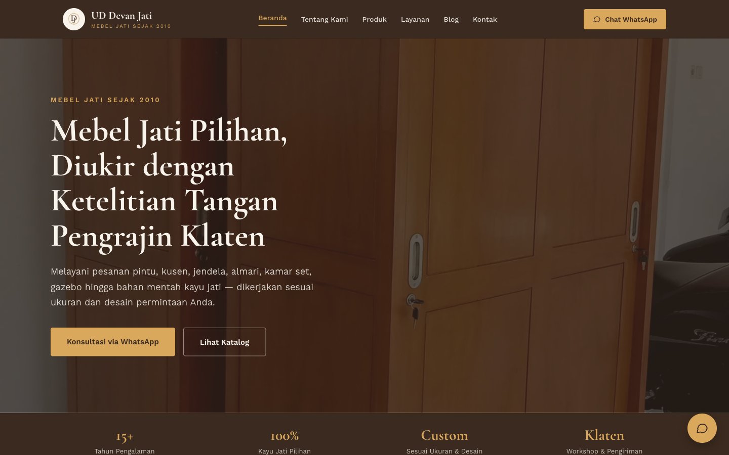 UD Devan Jati website preview, a custom teak furniture maker in Klaten