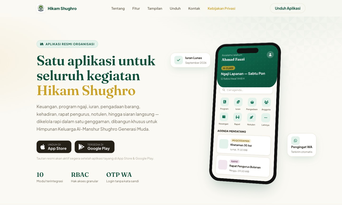 Hikam Shughro landing page preview showing the organisation management mobile app