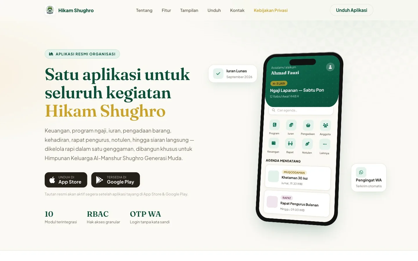 Preview landing page Hikam Shughro dengan tampilan aplikasi mobile manajemen organisasi