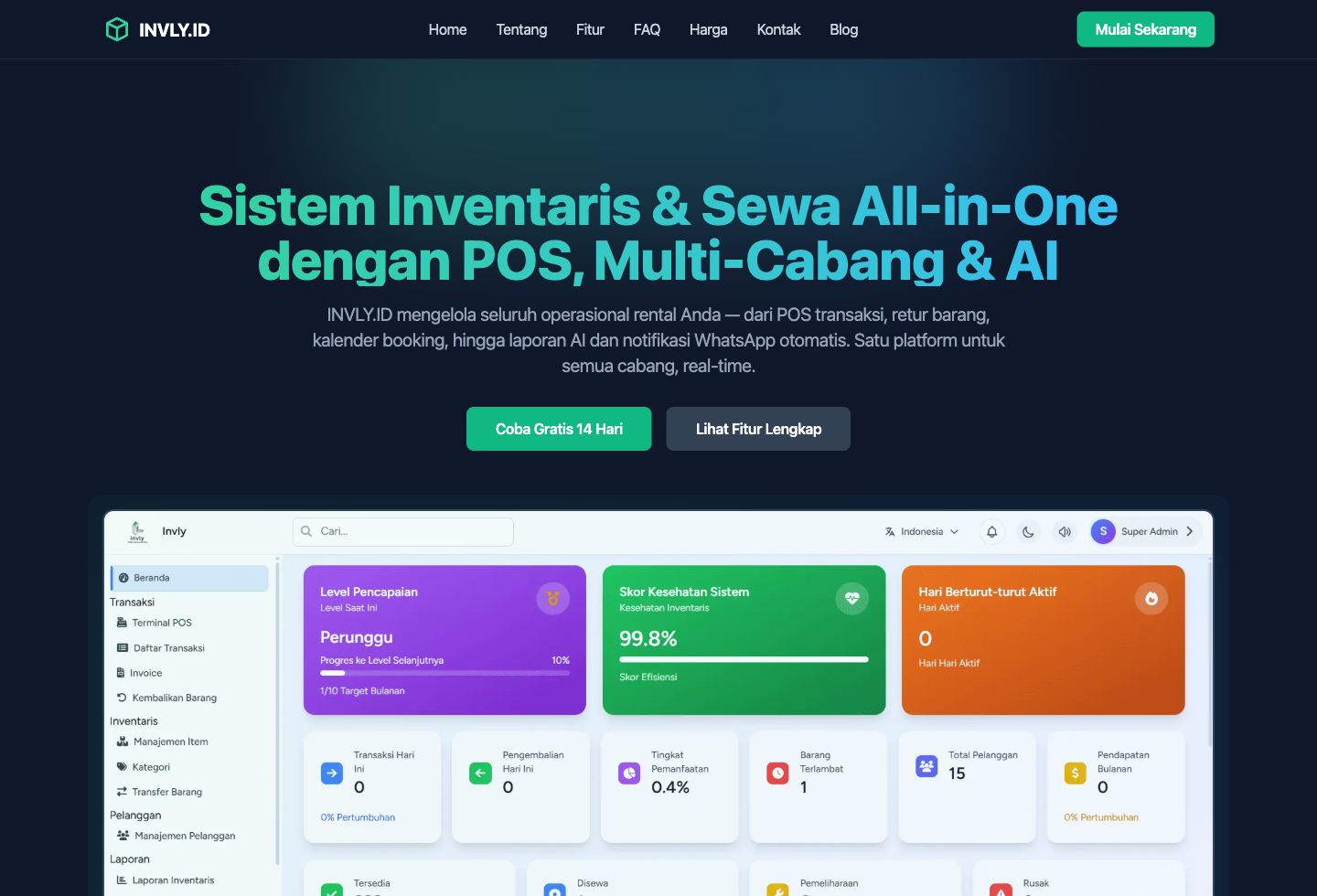 INVLY.ID landing page preview with all-in-one inventory and rental dashboard