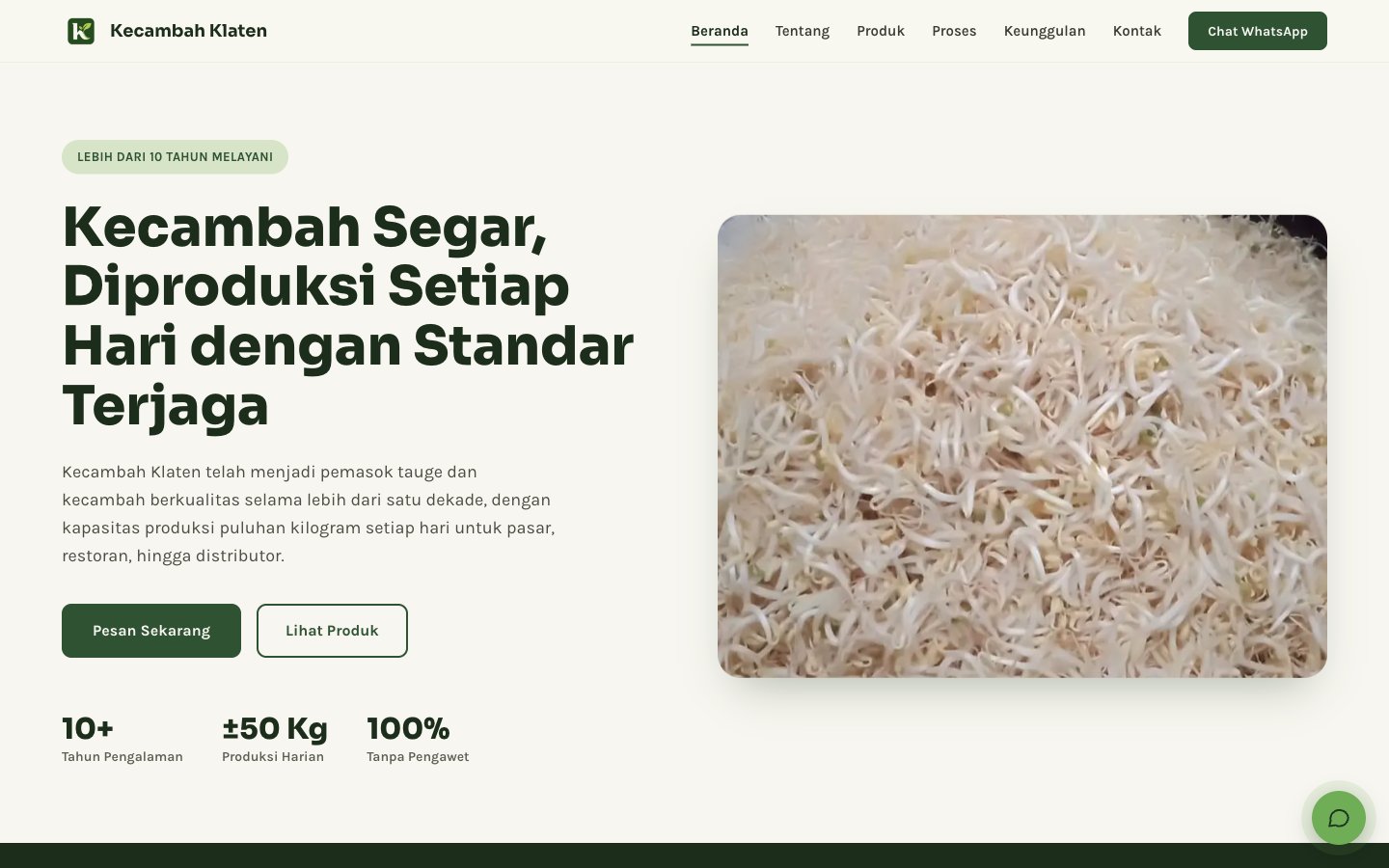 Kecambah Klaten website preview, a fresh bean sprout supplier