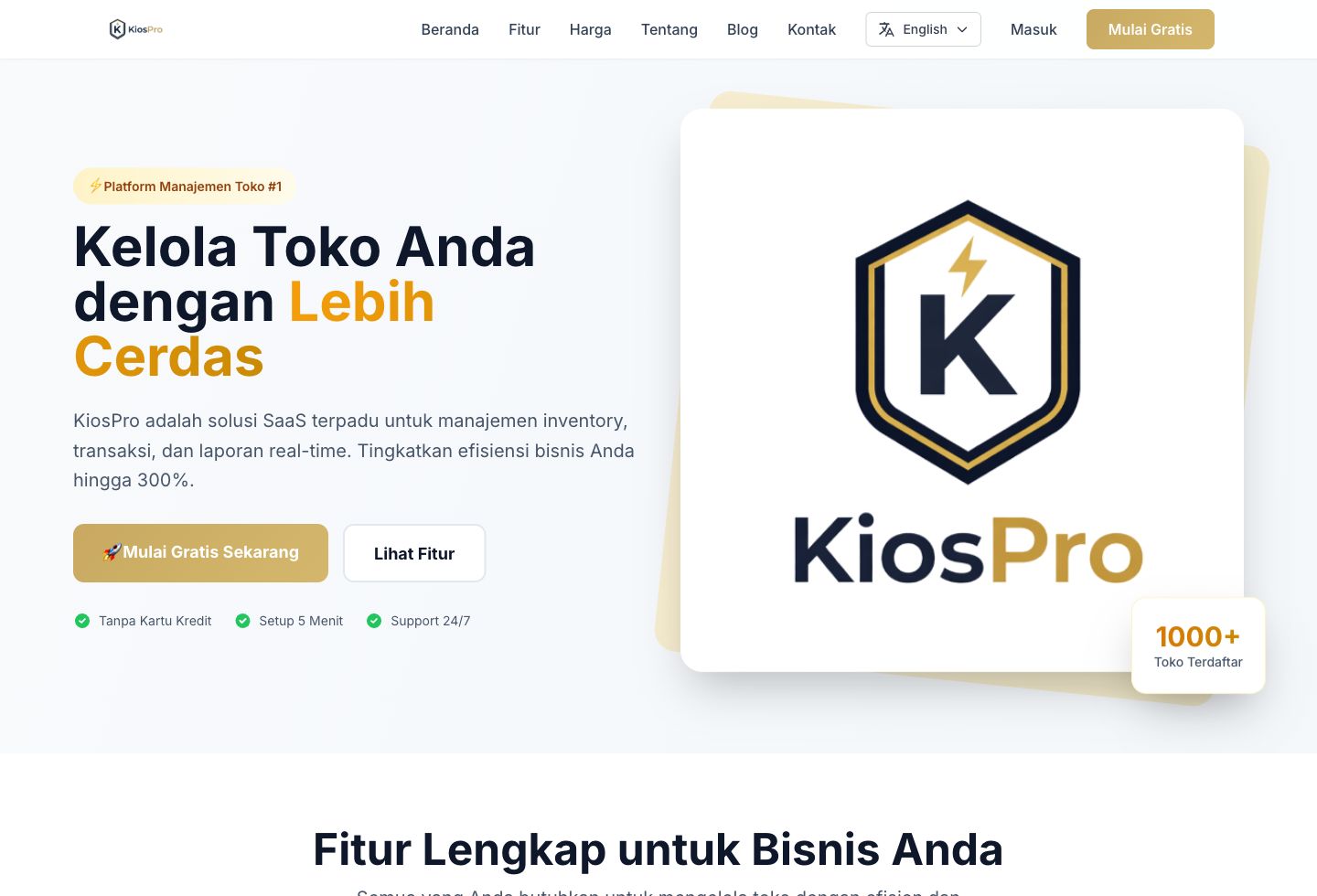 KiosPro homepage preview with modern POS hero and store dashboard