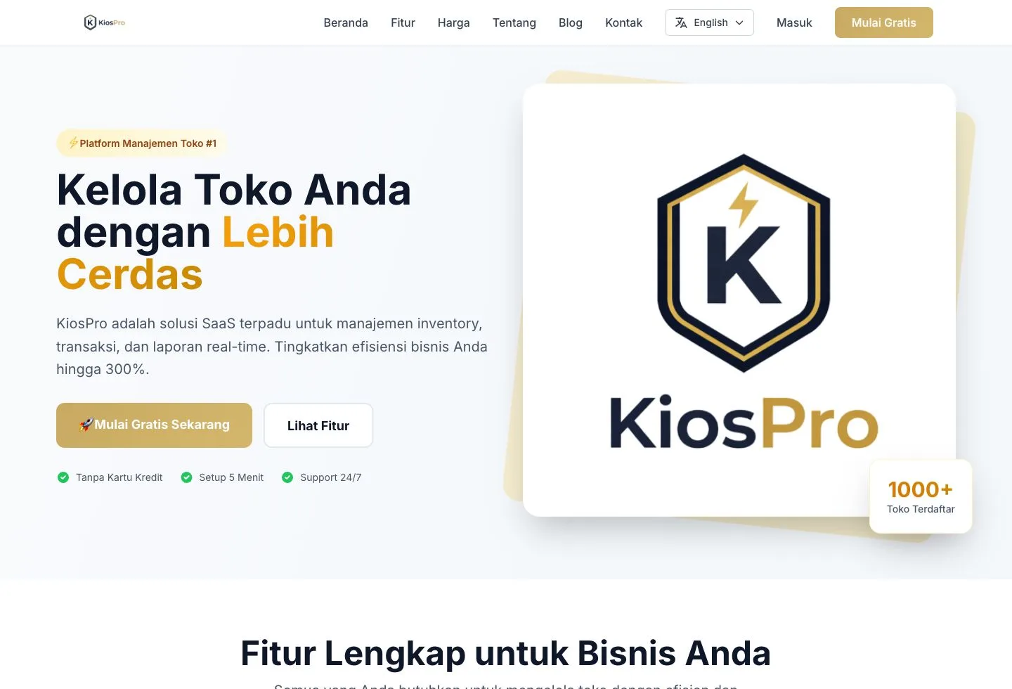 Preview homepage KiosPro dengan hero POS modern dan dashboard toko