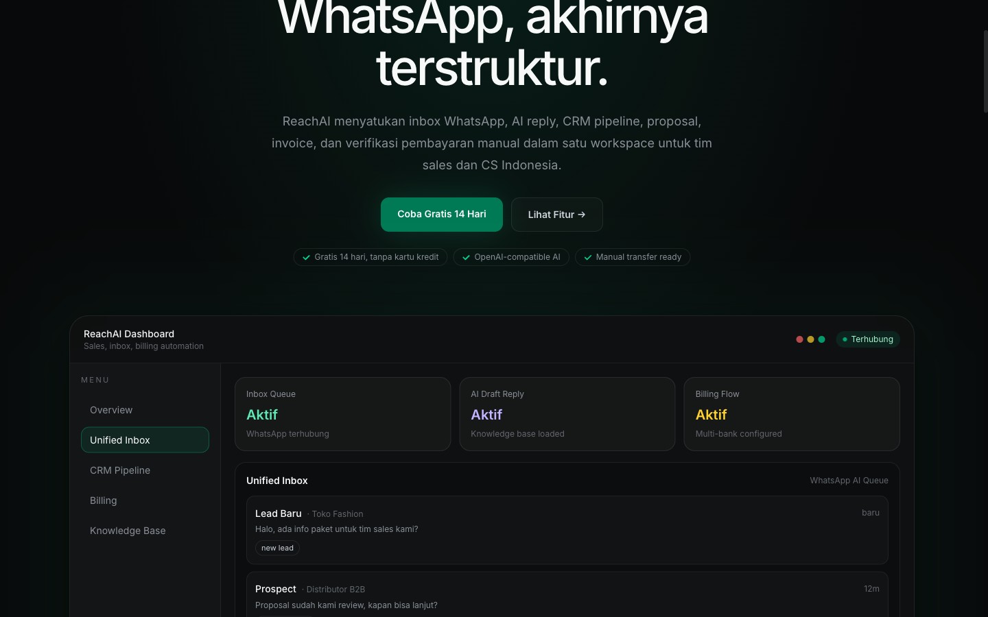 ReachAI dashboard preview with AI omnichannel inbox, sales automation, and billing