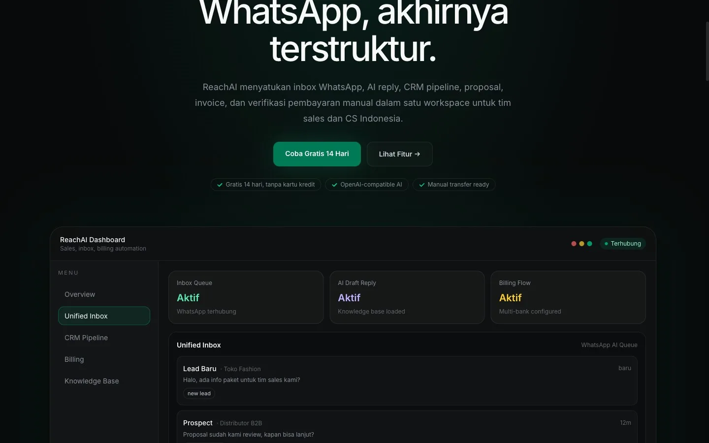Preview dashboard ReachAI dengan AI omnichannel inbox, sales automation, dan billing