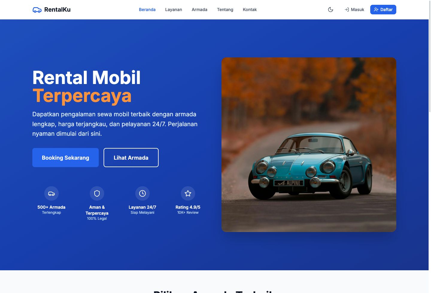 RentalKu website preview with car rental hero and booking CTA