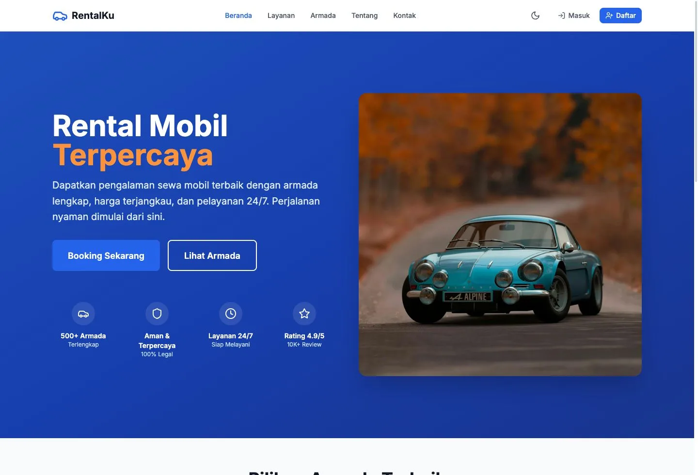 Preview website RentalKu dengan hero rental mobil dan CTA booking