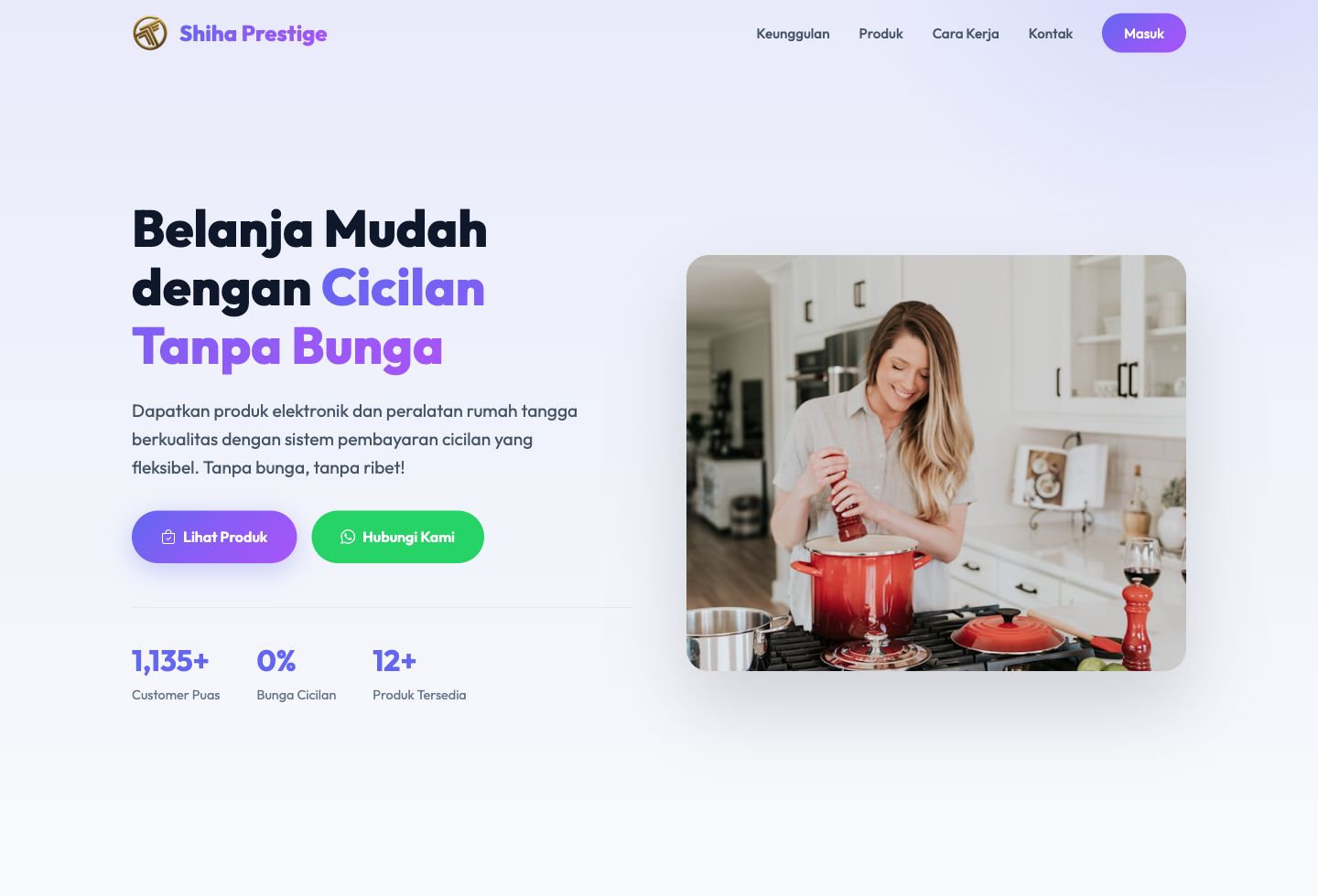 Shiha Prestige website preview with interest-free instalment hero and featured products