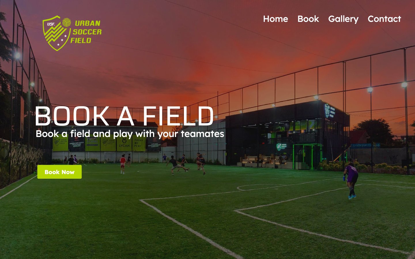 Urban Soccer Field website preview with pitch booking hero and time slots